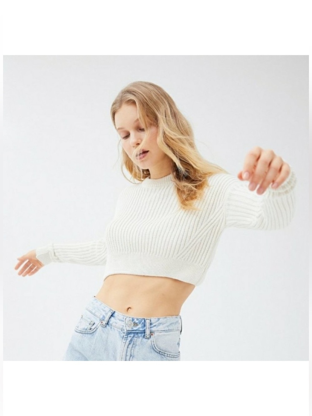 Urban Outfitters Big Sur Cream Ribbed Pullover Cropped Sweater